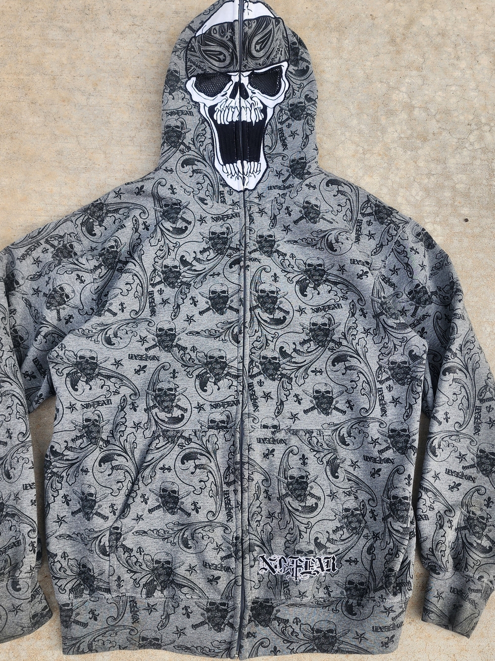 VTG Y2K No Fear Full Zip Hooded Jacket Skull Bandana Full Face SoCal, Gray Med